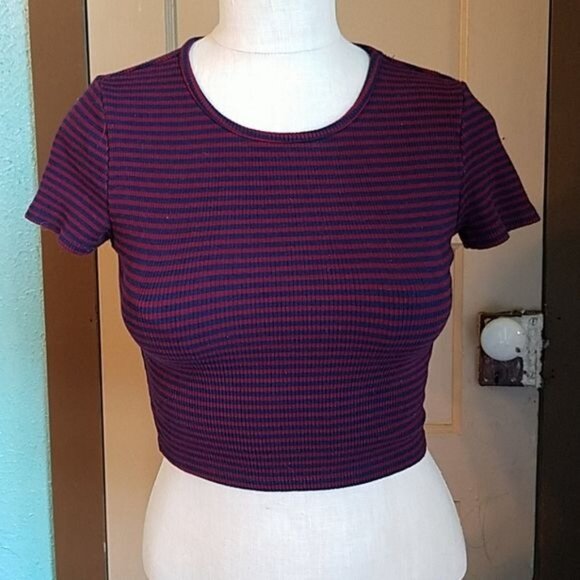 Forever 21 Shirt Crop Top Navy Maroon Strip Jr Juniors Extra Small WOMEN'S - Picture 9 of 9